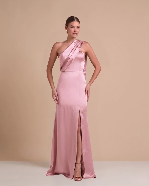 Vestido de Festa Longo Cetim Alfaiataria Tomara que Caia com Faixa Lenço Rose Gold