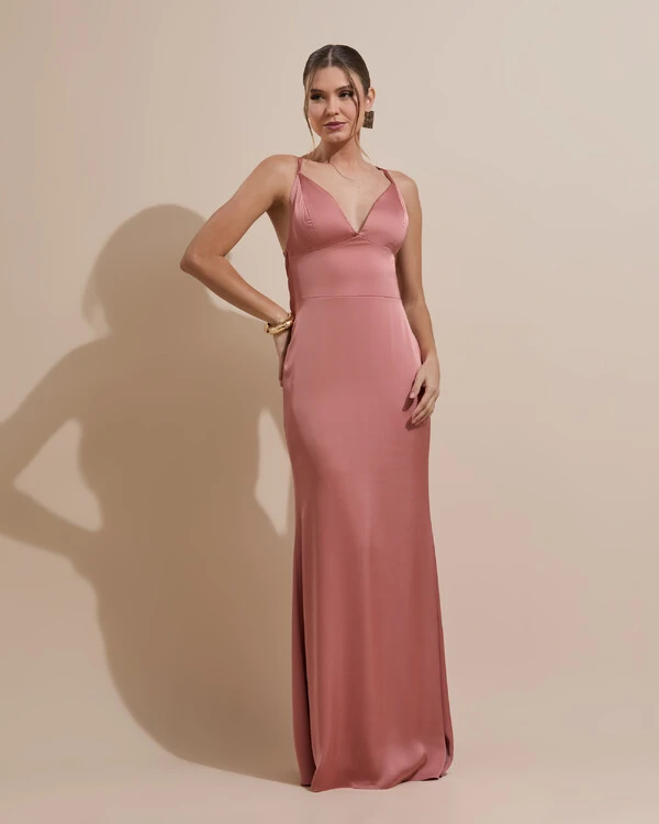 Vestido de Festa Longo Costas Abertas Laço Cetim Decote V Rosa Blush