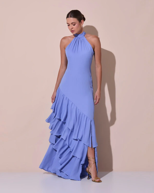 Vestido de Festa Longo Chiffon Crepe Gola Alta Babados Azul Atlantis