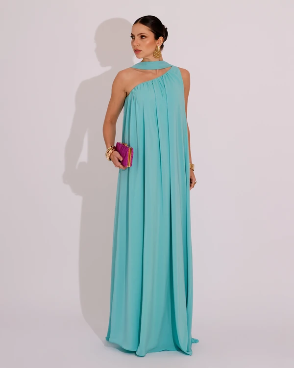 Vestido de Festa Longo Crepe Fluido um Ombro Só com Lenço Tiffany