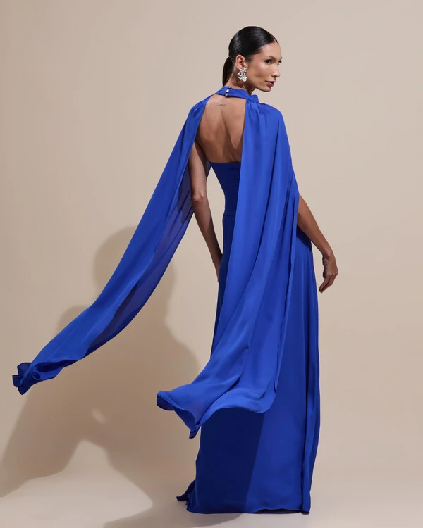 Vestido de Festa Longo Tomara Que Caia Crepe Chiffon Drapeado Capa Azul Royal