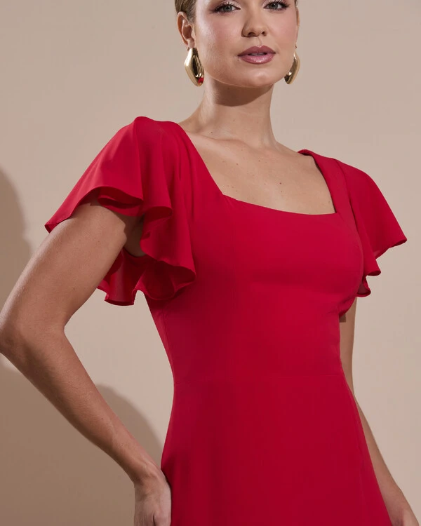 Vestido de Festa Longo Crepe Chiffon Manga Babado e Fenda Vermelho