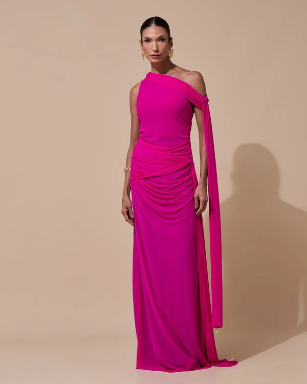Vestido de Festa Longo Um Ombro Só Tule Faixa Drapeada Lenço Pink
