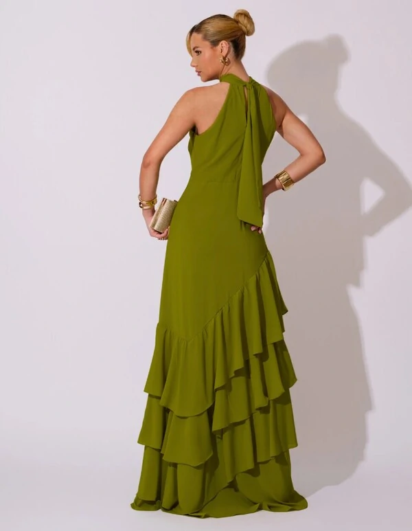 Vestido de Festa Longo Chiffon Crepe Gola Alta Babados Verde Oliva New
