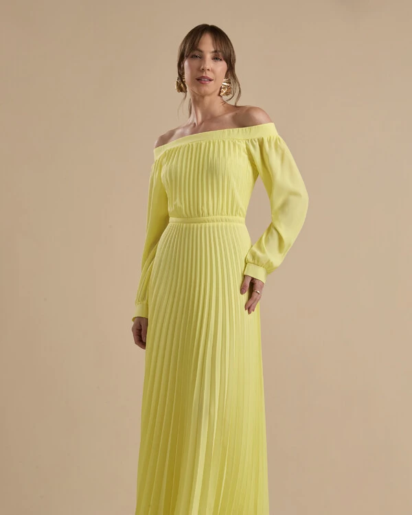 Vestido de Festa Longo Crepe Chiffon Plissado Ombro a Ombro Amarelo Manteiga
