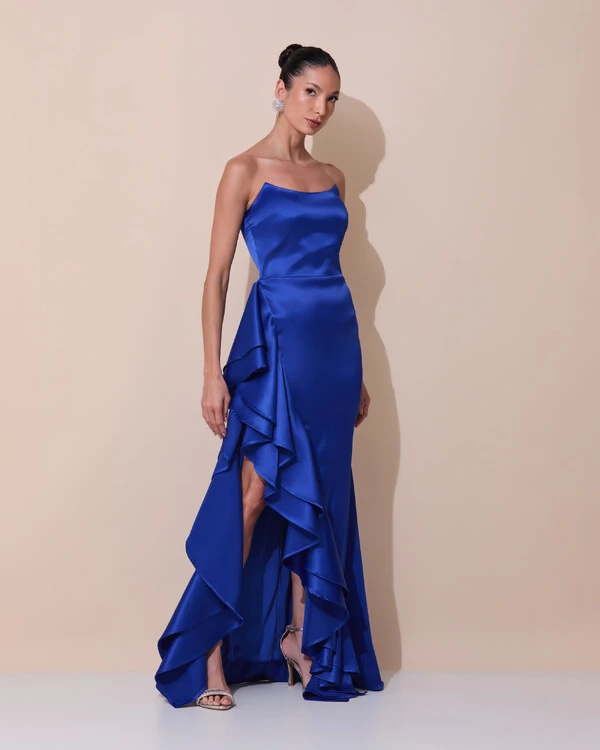 Vestido de Festa Longo Tomara que Caia Cetim Babado Fenda Azul Royal