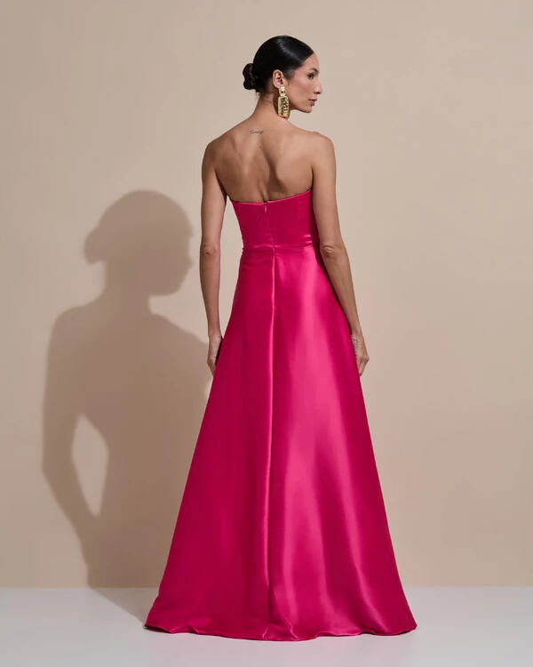 Vestido de Festa Longo Tomara que Caia Decote Coração Cetim Cruzado Costas Pink