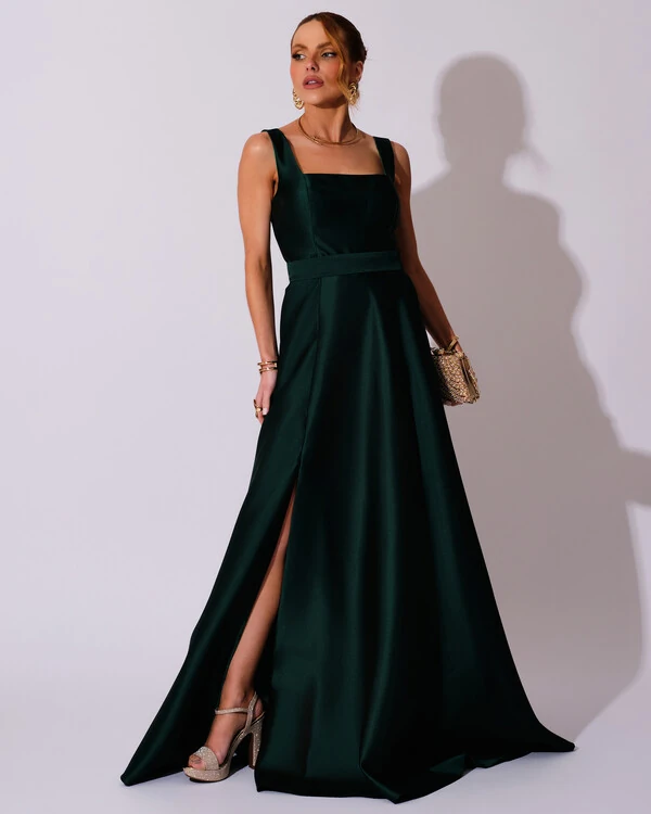 Vestido de Festa Longo Zibeline com Fenda e Faixa Verde Escuro