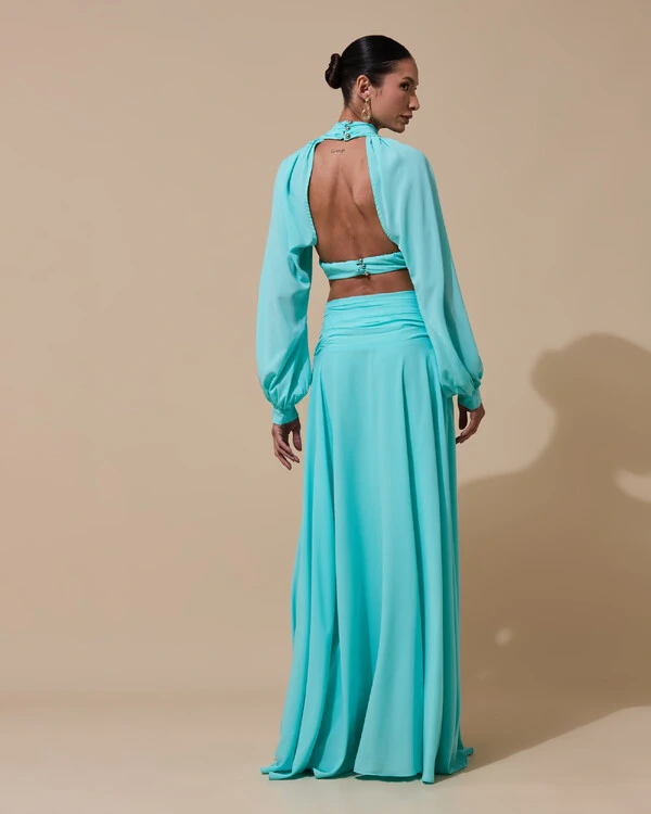Vestido de Festa Longo Gola Alta Crepe Chiffon Recortes Drapeado Manga Longa Fenda Tiffany