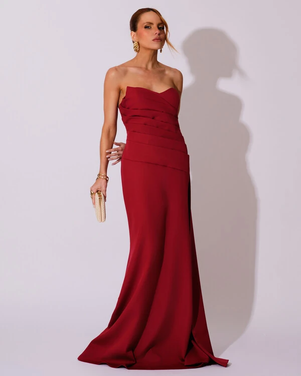 Vestido de Festa Longo Alfaiataria Tomara que Caia Drapeado Faixa Marsala