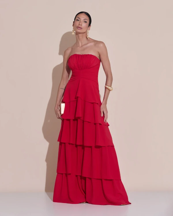 Vestido de Festa Longo Tomara que Caia Drapeado Crepe Chiffon Babados Camadas Vermelho