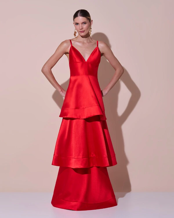 Vestido de Festa Longo Zibeline em Camadas Decote em V com Alças Vermelho New