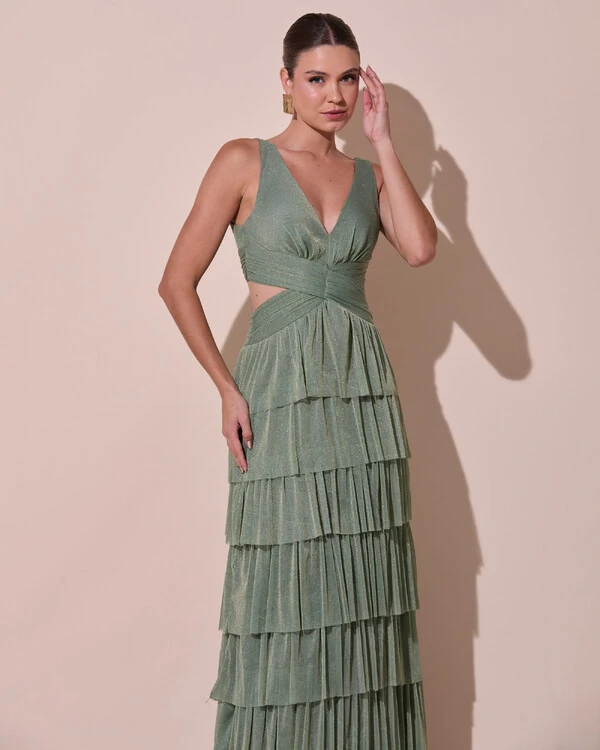 Vestido De Festa Longo Decote V Tule Brilho Recortes Camadas Verde Oliva