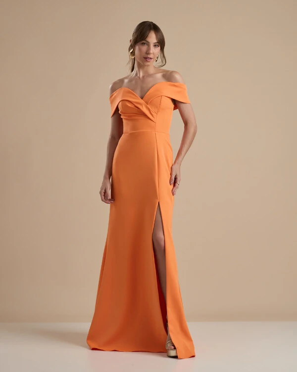 Vestido de Festa Longo Alfaiataria Ombro a Ombro com Fenda Laranja