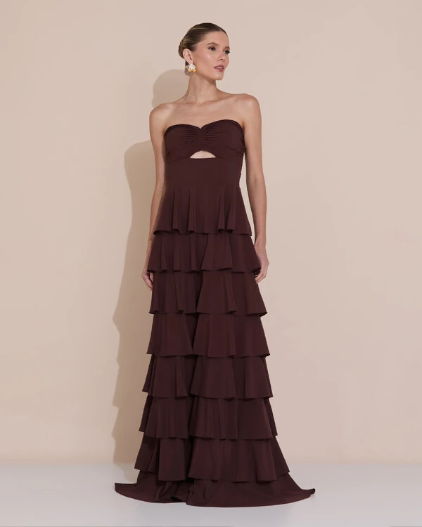 Vestido de Festa Longo Crepe Chiffon Tomara que Caia Plissado Flor Camadas Marrom