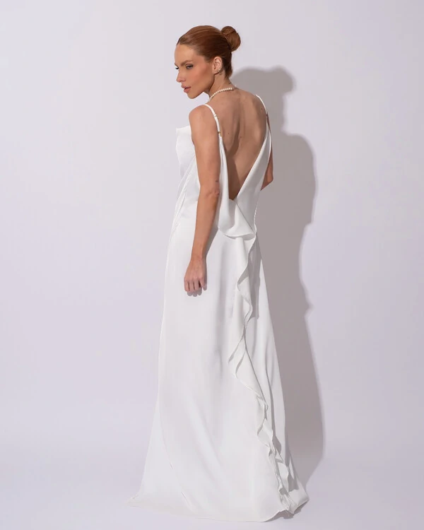 Vestido de Festa Longo Babado Costas Cetim Fluido e Fenda Branco