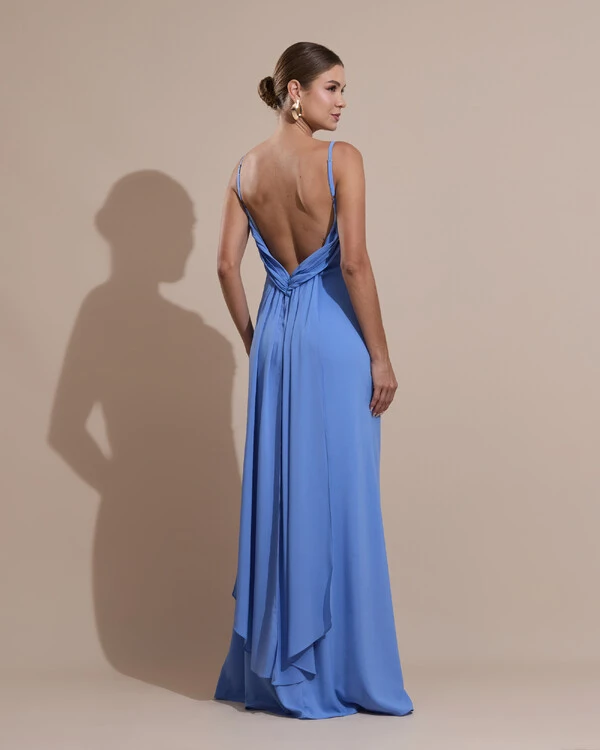 Vestido de Festa Longo Crepe Chiffon Costas Lenço Cauda Azul Atlantis