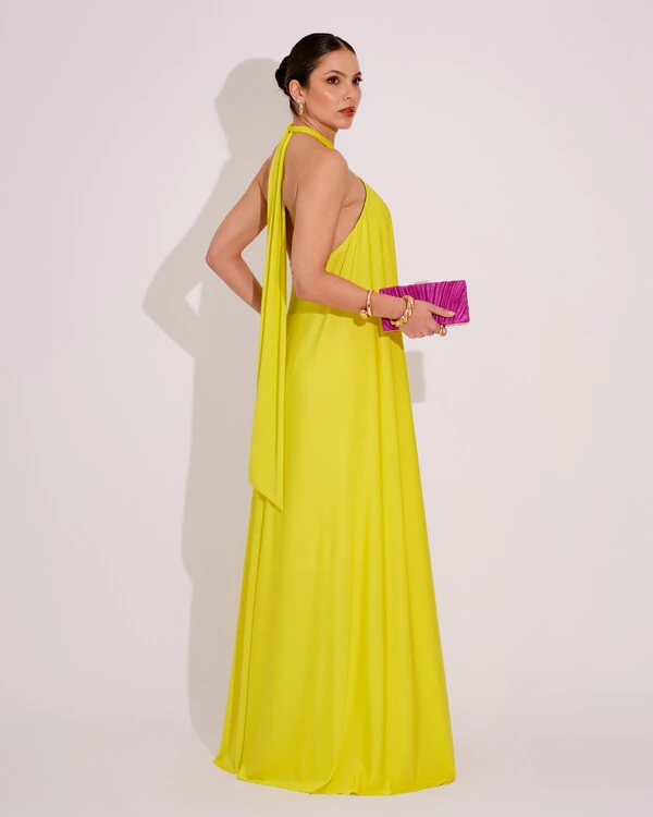Vestido Longo com Amarração em Malha Verde Lima