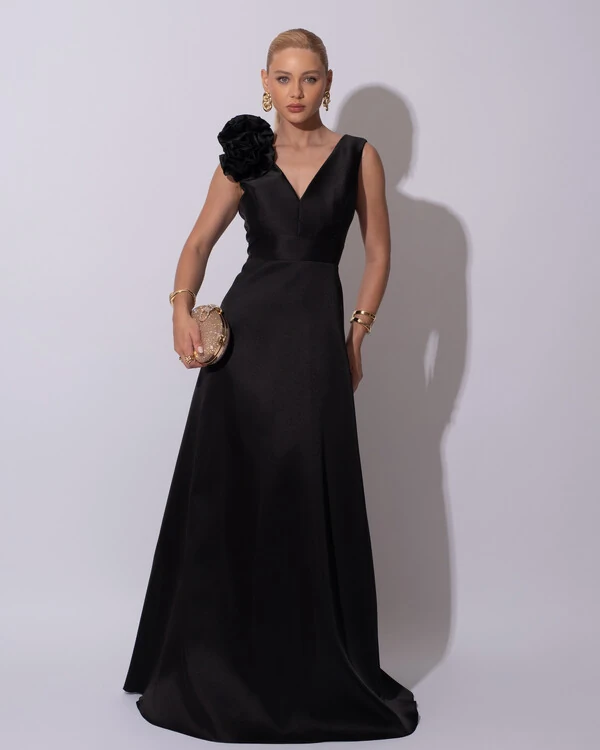 Vestido de Festa longo Zibeline Decote em V com Flores Removivel Preto