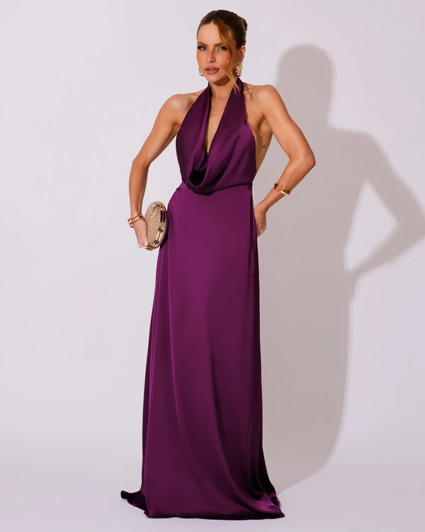 Vestido de Festa Longo Frente Única Degagê Cetim Fluido Roxo