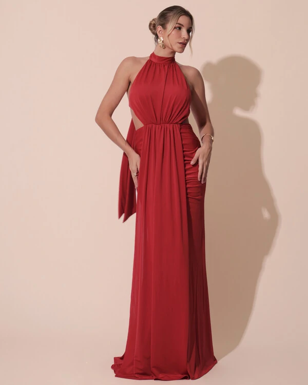 Vestido de Festa Longo Malha Jersey Gola Alta Saia Sereia Vermelho Escuro