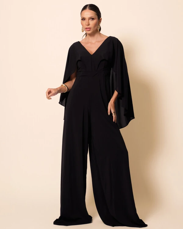 Macacão de Festa Longo Crepe Chiffon com Capa Preto