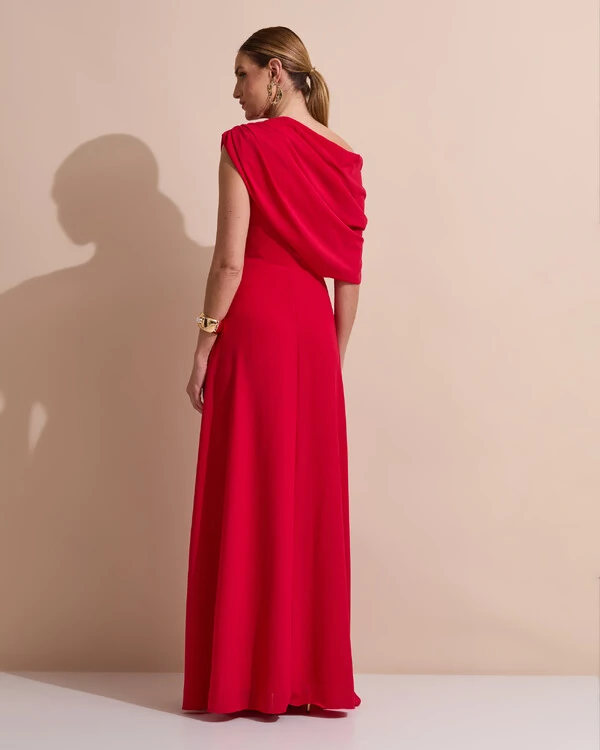 Vestido de Festa Longo Um Ombro Só Crepe Chiffon Capa Drapeado Vermelho