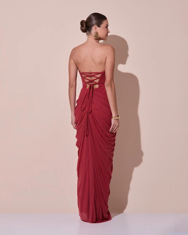 Vestido De Festa Longo Tomara que Caia Tule Drapeado Fenda Terracota