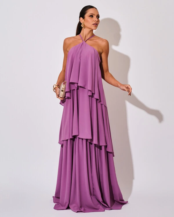 Vestido Longo Babado em Camadas Fúcsia