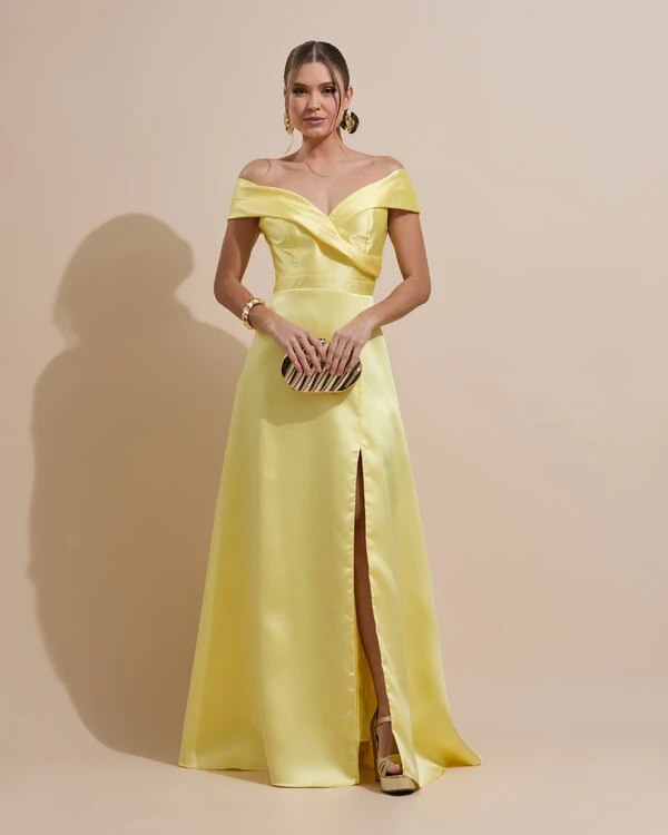 Vestido de Festa Longo Zibeline Ombro a Ombro com Fenda Amarelo Manteiga