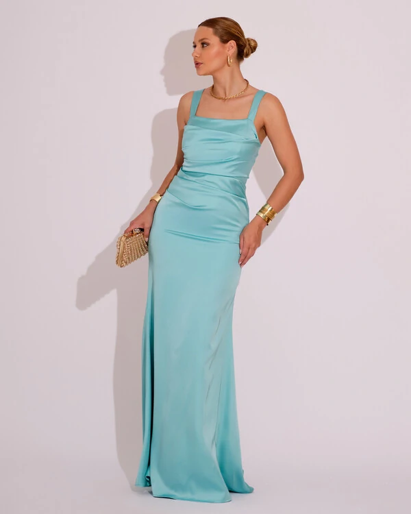 Vestido Longo de Festa Cetim Alfaiataria Drapeado Sereia Tiffany