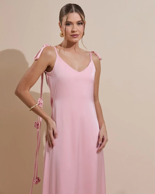 Vestido de Festa Longo Decote Degagê Costas Cetim Flores 3D Alças Rose Gold