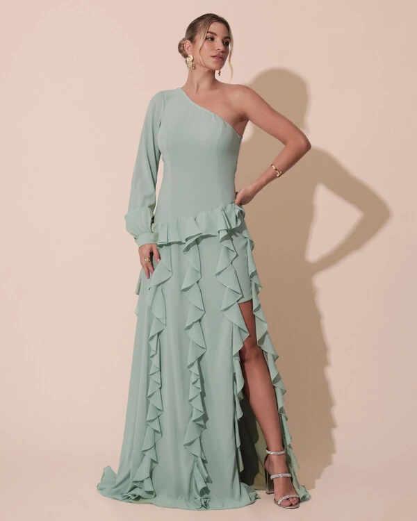 Vestido de Festa Longo Crepe Um Ombro Só Manga Longa e Babados Cascata Fenda Verde Menta