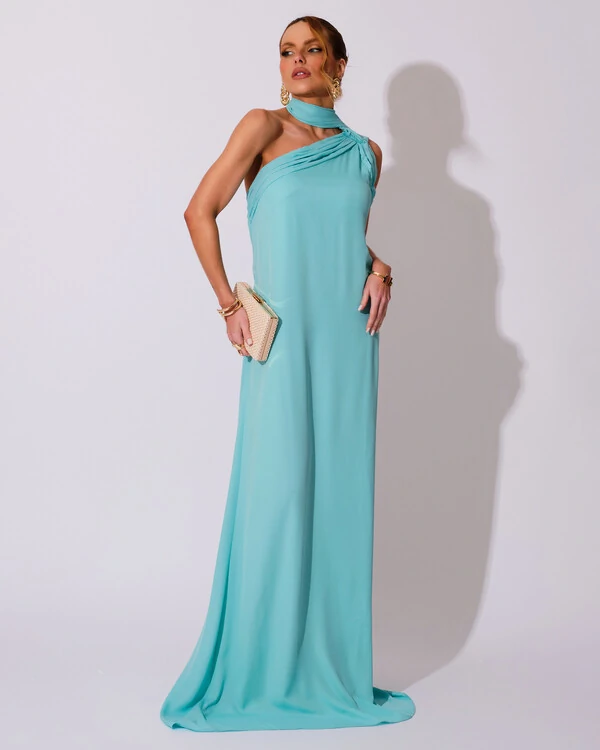 Vestido de Festa Longo Crepe Chiffon Um Ombro Só Drapeado Tiffany