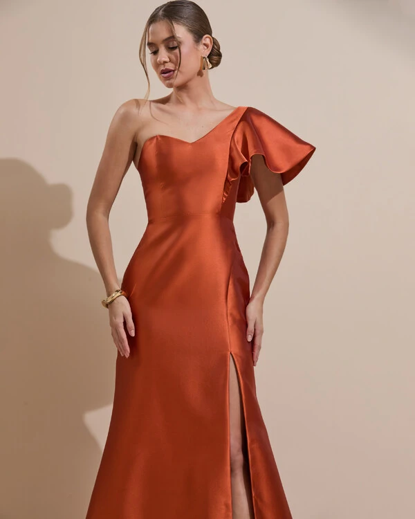 Vestido de Festa Longo um Ombro Tomara que Caia Zibeline Terracota