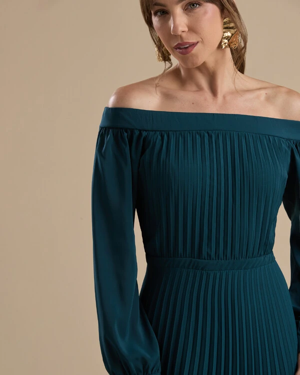 Vestido de Festa Longo Crepe Chiffon Plissado Ombro a Ombro Verde Escuro