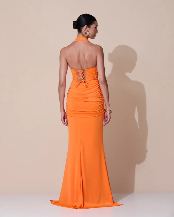 Vestido de Festa Longo Decote Coração Malha Jersey Drapeado Costas Trançada Laranja