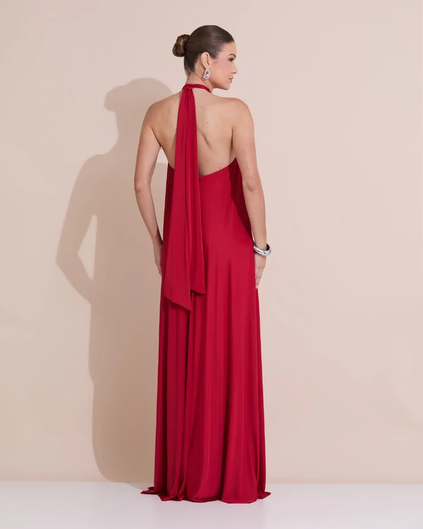 Vestido Longo com Amarração em Malha Vermelho