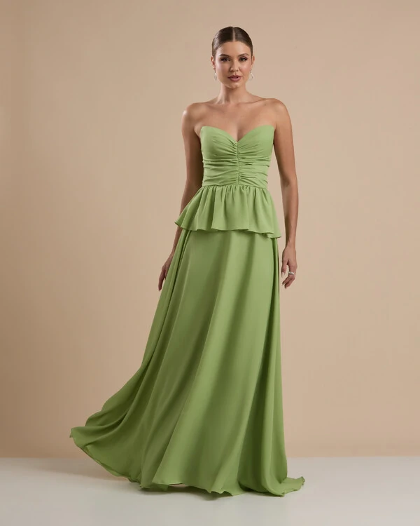 Vestido de Festa Longo Crepe Chiffon Tomara que Caia Peplum Drapeado Verde Garden