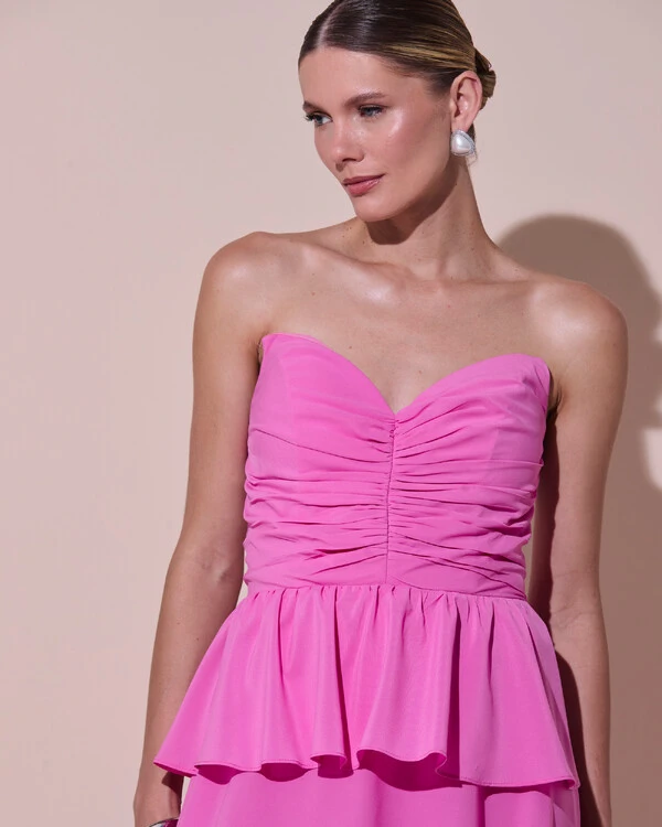 Vestido de Festa Longo Crepe Chiffon Tomara que Caia Peplum Drapeado Rosa New