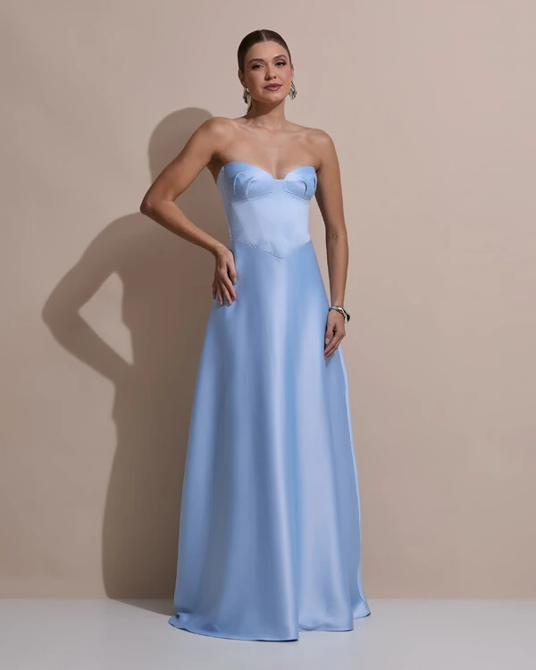 Vestido de Festa Longo Tomara que Caia Decote Coração Cetim Cruzado Costas Serenity