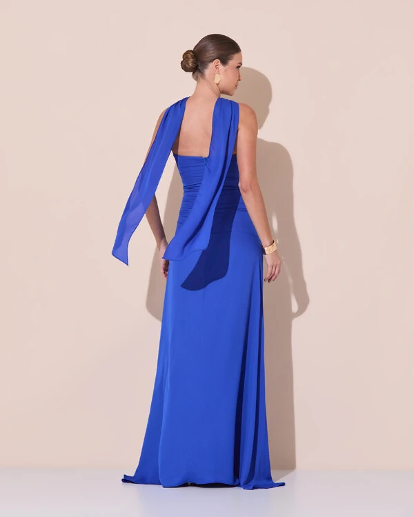Vestido de Festa Longo Decote Coração Crepe Chiffon Drapeado Plissado Lenço Azul Royal