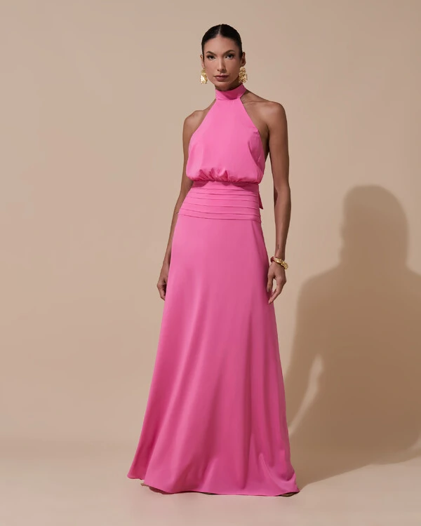 Vestido de Festa Longo Frente Única Busto Blousê Crepe Chiffon Drapeado Rosa
