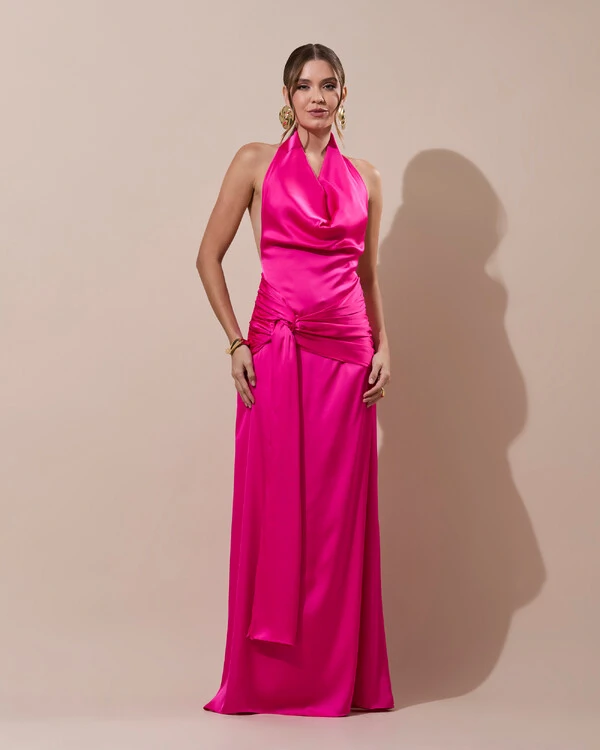 Vestido de Festa Longo Cetim Frente Única Degagê com Faixa Drapeada Pink