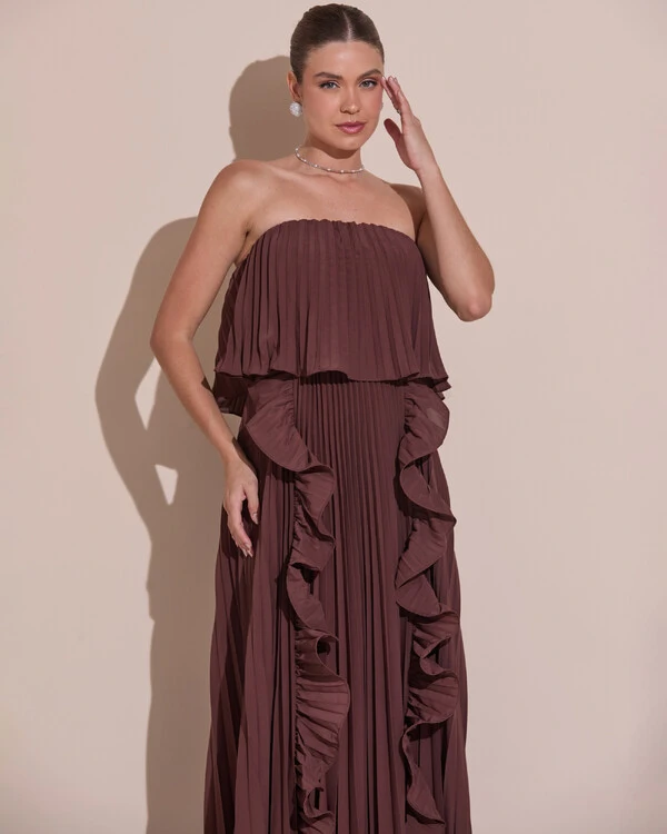 Vestido de Festa Longo Crepe Chiffon Tomara que Caia Plissado com Babado Cascata Marrom