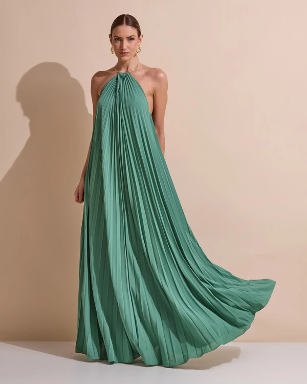 Vestido de Festa Longo Frente Única Plissado Crepe Chiffon Argola Verde Matcha Escuro