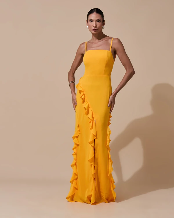 Vestido de Festa Longo Alças Finas Crepe Chiffon Babado Cascata Fenda Costas V Laranja Manga New