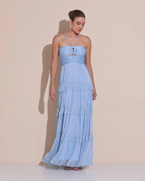 Vestido de Festa Longo Tule com Saia Babado Azul Serenity