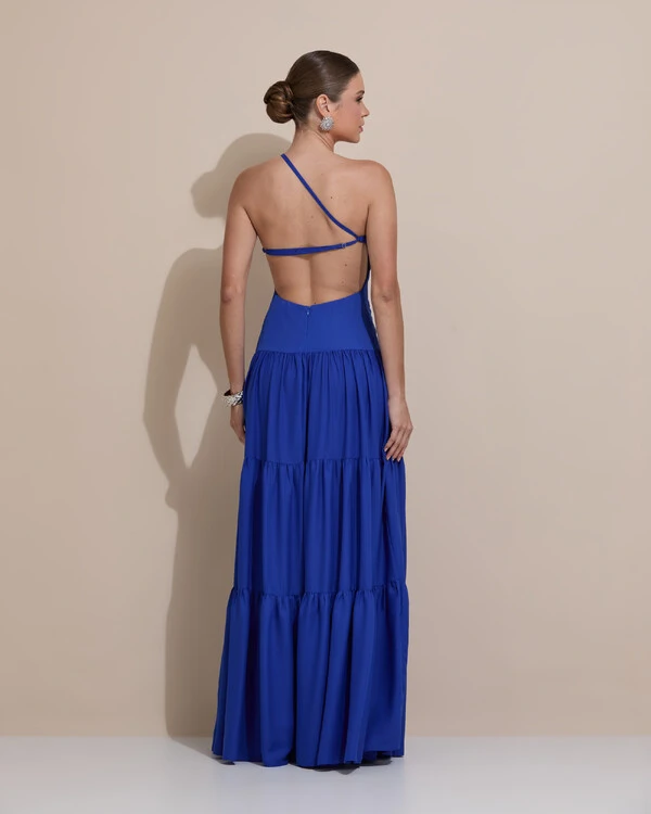 Vestido de Festa Longo Um ombro Só Crepe Chiffon Saia Fluida Azul Royal