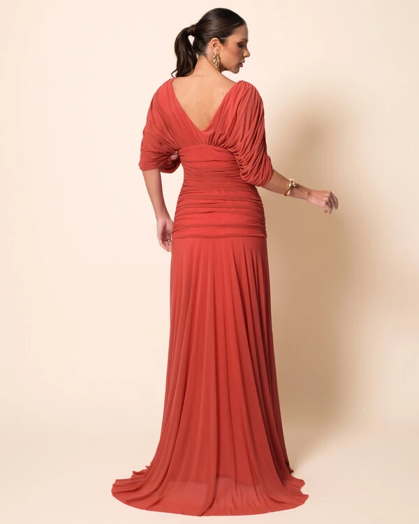 Vestido de Festa Longo Tule Manga Curta Drapeado Terracota